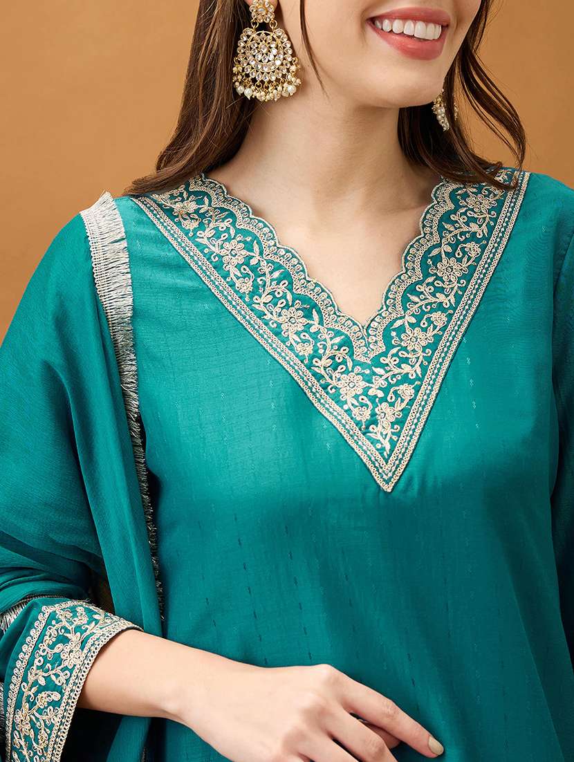 women teal sequinned zari embroidered v-neck bell sleeves kurta with pant & dupatta festive set - 21918789 - Standard Image - 3