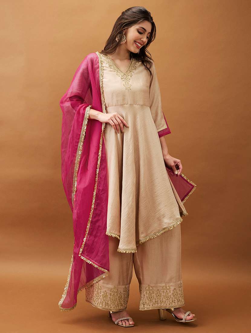 women peach embroidered v-neck asymmetric hem a-line kurta with palazzos & contrast dupatta 