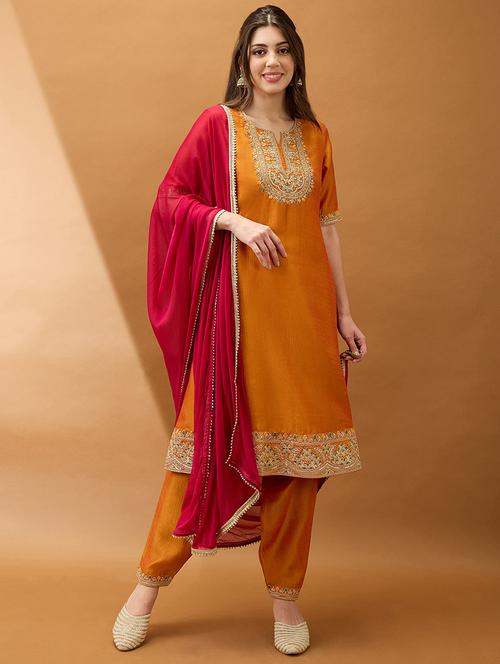 women yellow zari embroidered yoke a-line kurta with pant & contrast dupatta set - 21918791 - Standard Image - 0