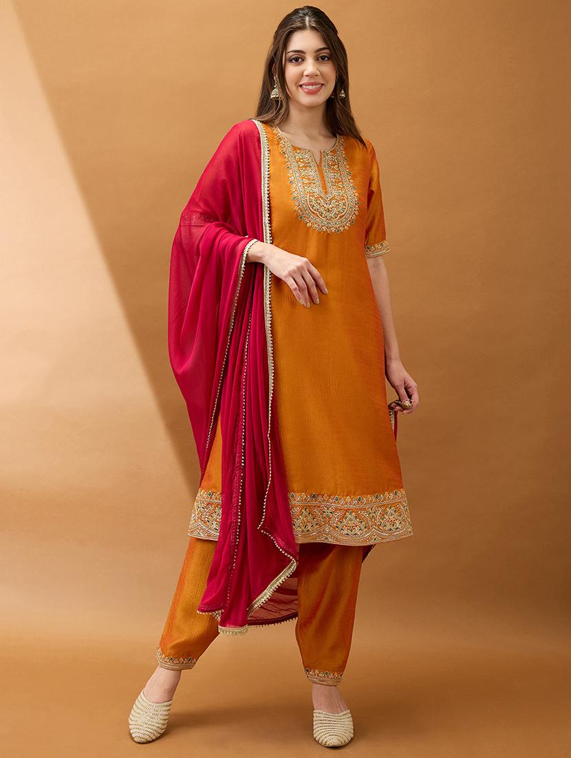 women yellow zari embroidered yoke a-line kurta with pant & contrast dupatta set - 21918791 - Zoom Image - 0