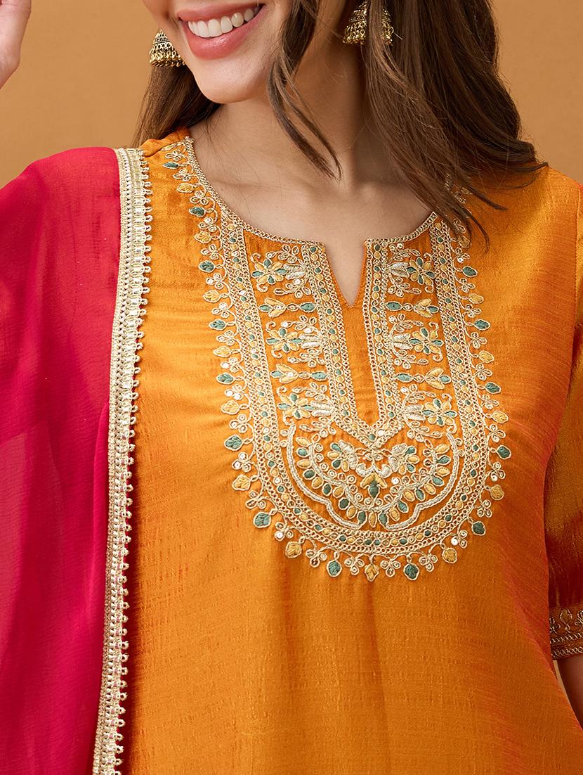 women yellow zari embroidered yoke a-line kurta with pant & contrast dupatta set - 21918791 - Standard Image - 3