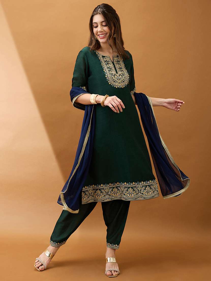 women green sequinned zari embroidered yoke a-line kurta with pant & contrast dupatta set - 21918792 -  Zoom Image - 0