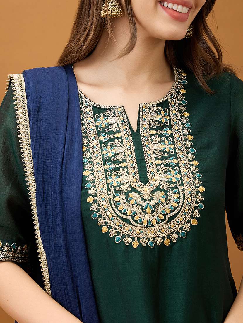 women green sequinned zari embroidered yoke a-line kurta with pant & contrast dupatta set - 21918792 -  Standard Image - 3