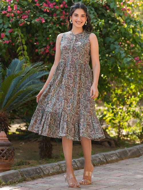 women printed mandarin neck sleeveless tiered dress  - 21918806 -  Standard Image - 0
