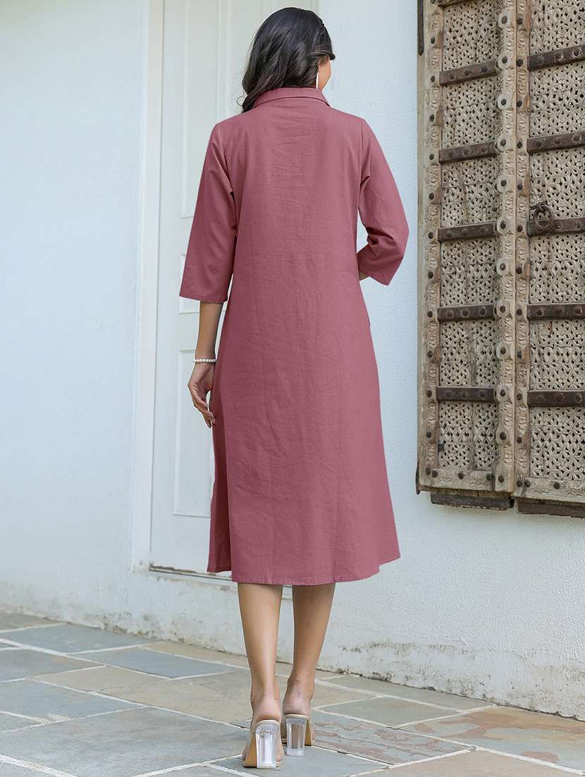 women solid three quarter sleeves a-line dress - 21918808 -  Standard Image - 3