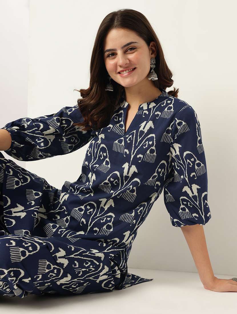 women navy blue ikat printed three quarter co-ord set - 21918810 -  Standard Image - 3