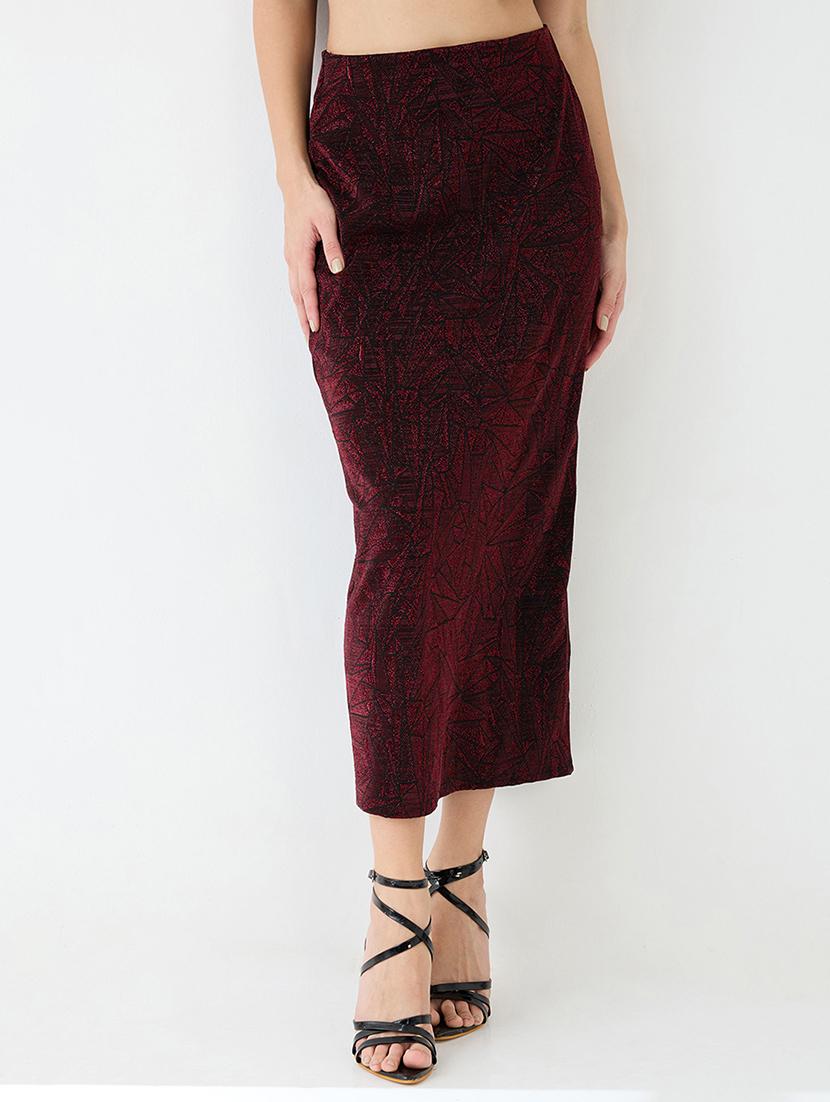 women red shimmer mid-rise back slit midi pencil party skirt - 21918811 - Zoom Image - 0