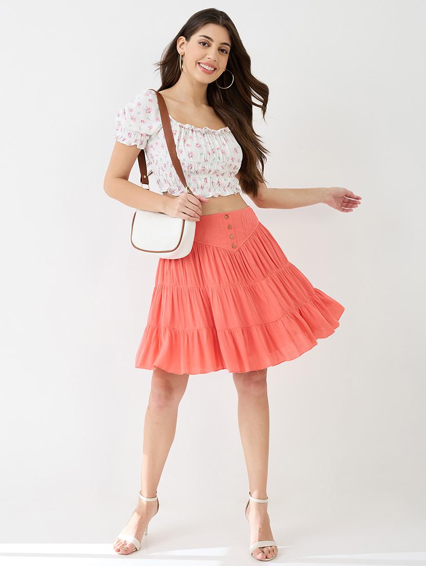 women peach mid rise flared hem tiered mini skirt - 21918812 - Standard Image - 3
