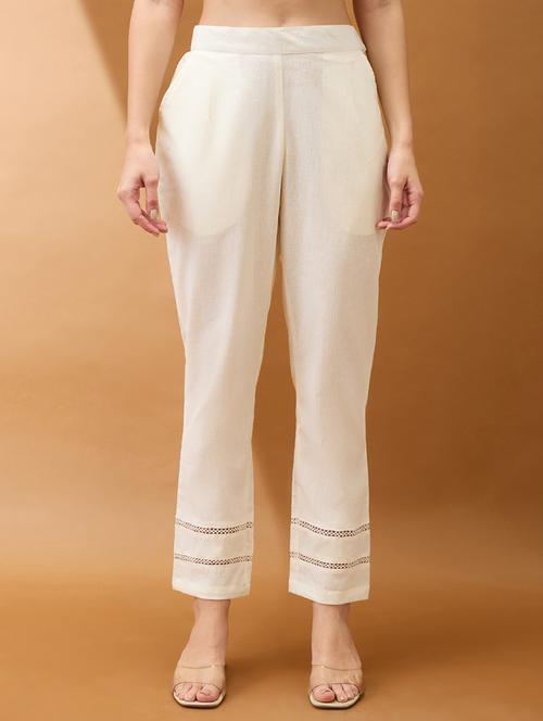 women off white self design lace detail mid rise parallel pant - 21918813 -  Standard Image - 0
