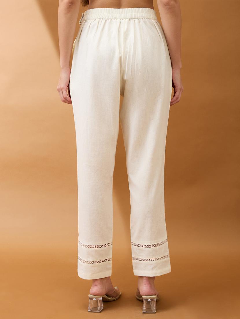 women off white self design lace detail mid rise parallel pant - 21918813 - Standard Image - 3