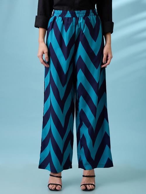 women navy blue chevron print hhig rise elasticated wide leg trousers - 21918814 -  Standard Image - 0