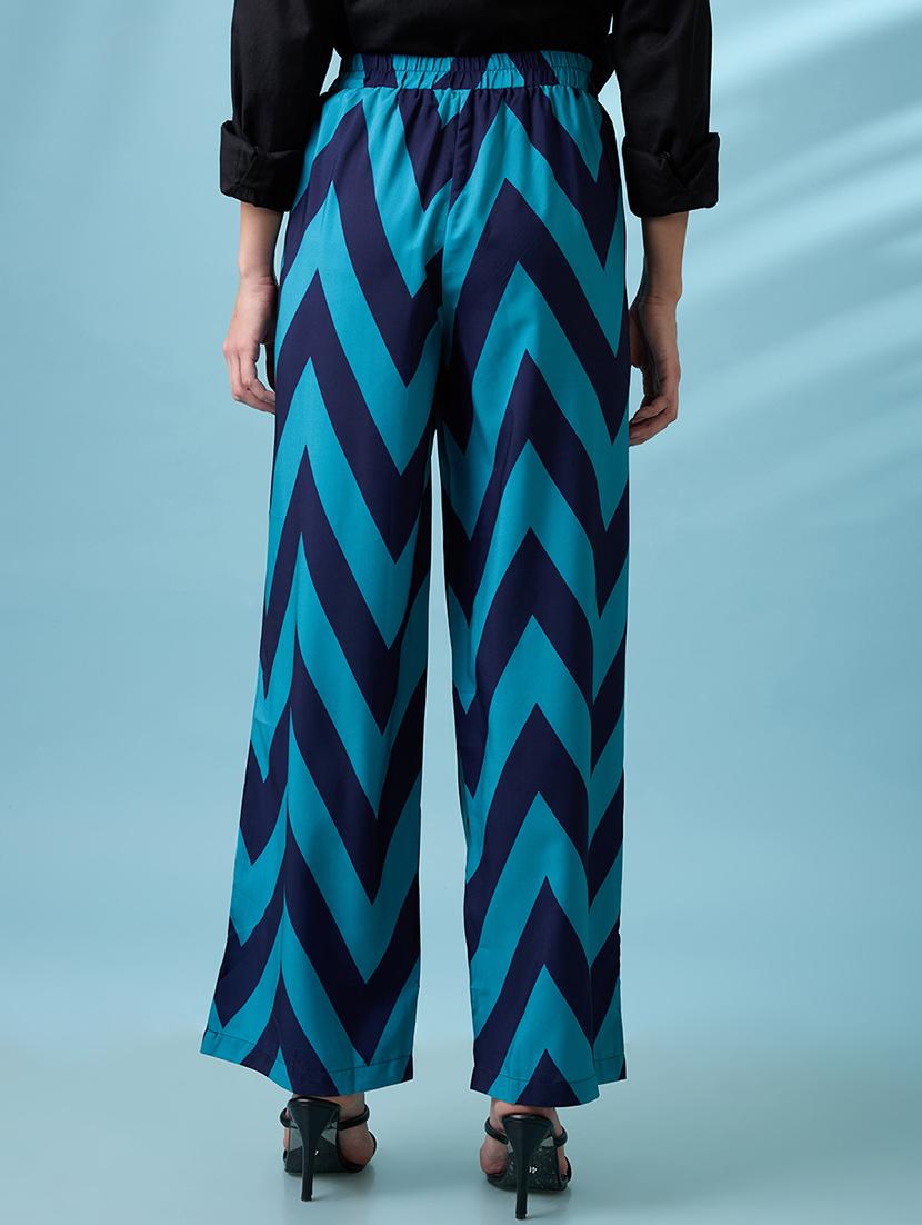 women navy blue chevron print hhig rise elasticated wide leg trousers - 21918814 - Standard Image - 3