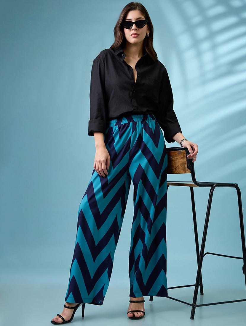 women navy blue chevron print hhig rise elasticated wide leg trousers - 21918814 - Standard Image - 5