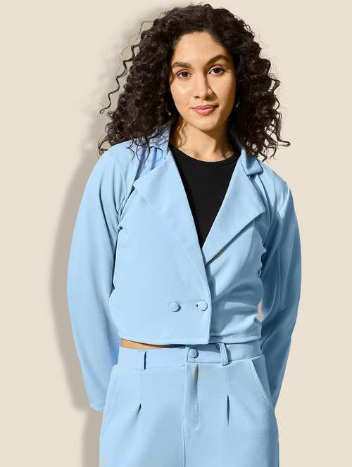 women light blue solid long sleeve crop blazer
