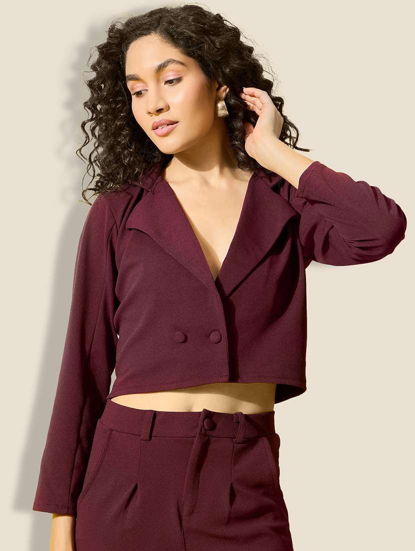 women maroon solid long sleeve crop blazer - 21918838 -  Zoom Image - 0