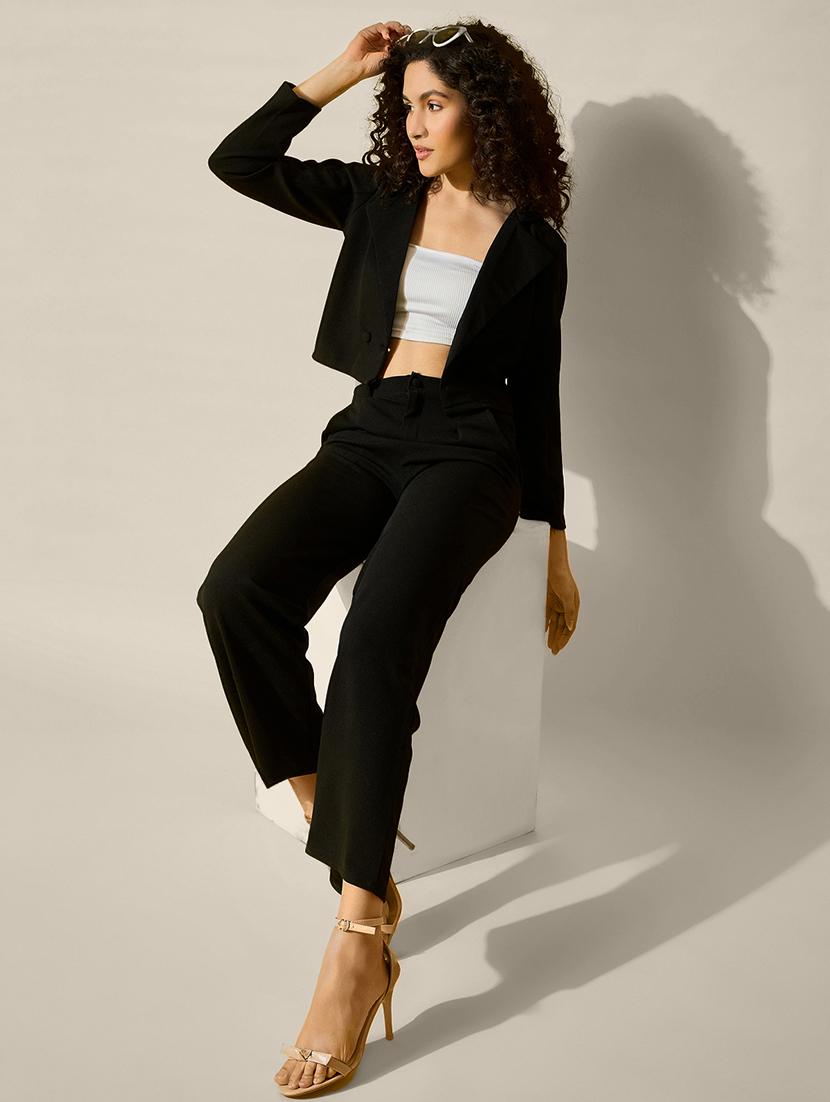 women solid crop blazer and trouser co-ord set