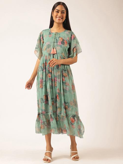 women floral printed tie-up neck tiered dress - 21918912 - Standard Image - 0