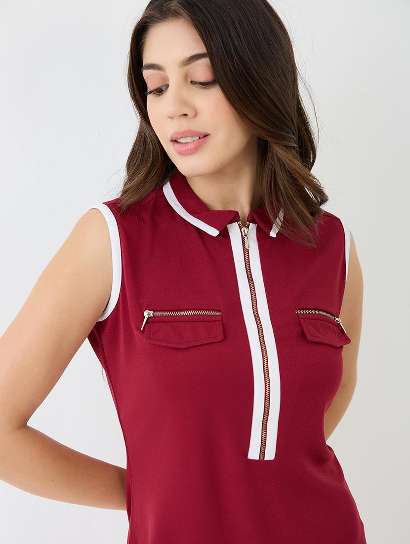 women maroon collared neck front zip pocket detail solid mini bodycon dress - 21918952 - Standard Image - 3