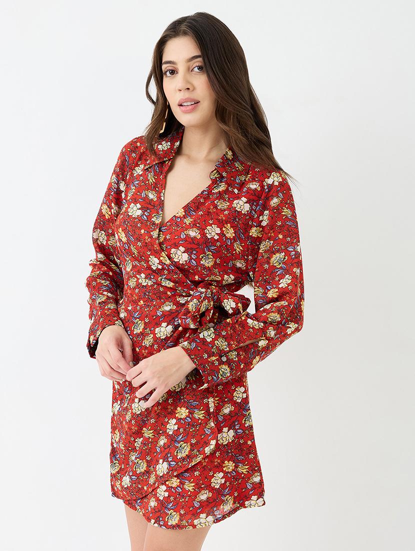 women red collared v-neck cuffed sleeves allover floral print mini tie-up wrap dress - 21918953 -  Zoom Image - 0