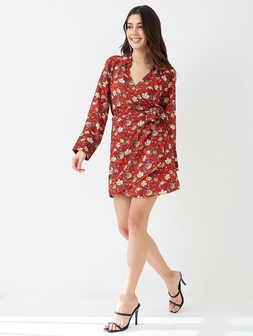 women red collared v-neck cuffed sleeves allover floral print mini tie-up wrap dress - 21918953 - Standard Image - 3