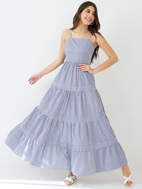 women blue square neck strappy shoulder striped smocked tiered fit & flare maxi dress - 21918954 - Standard Image - 0