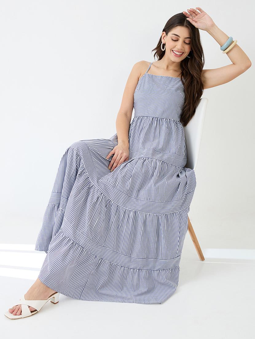 women blue square neck strappy shoulder striped smocked tiered fit & flare maxi dress - 21918954 - Standard Image - 3