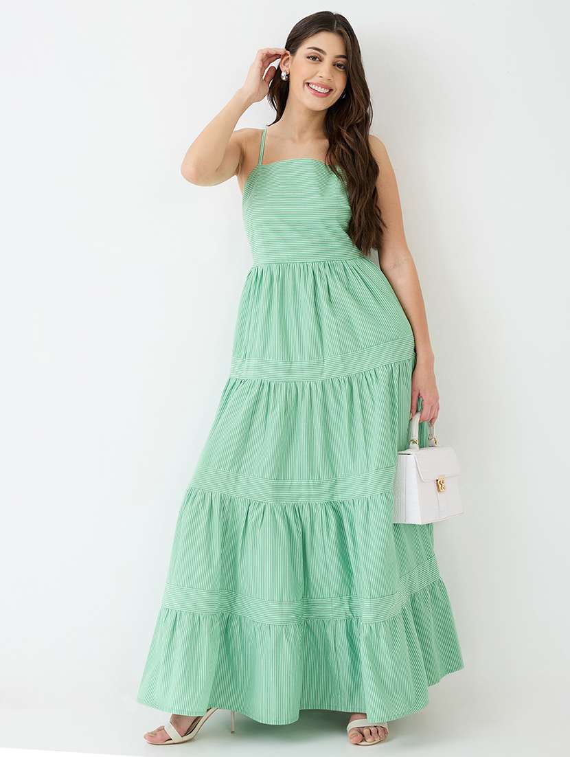 women green square neck strappy shoulder striped smocked tiered fit & flare maxi dress - 21918955 -  Zoom Image - 0