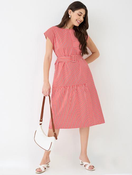 women red round neck extended sleeves striped gathered a-line midi dress with belt - 21918959 - Standard Image - 0