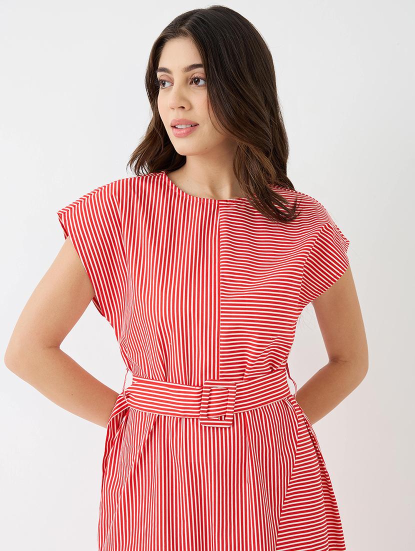 women red round neck extended sleeves striped gathered a-line midi dress with belt - 21918959 - Standard Image - 3