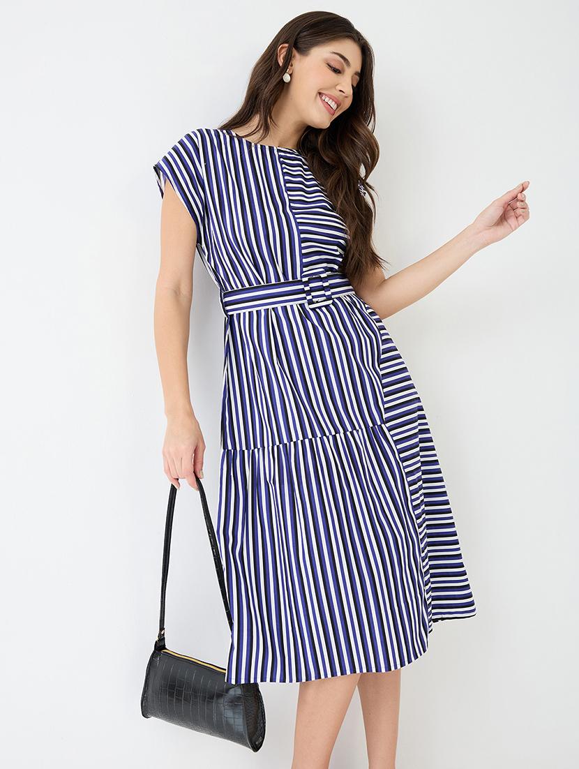 women blue round neck extended sleeves striped gathered a-line midi dress with belt - 21918960 - Standard Image - 3