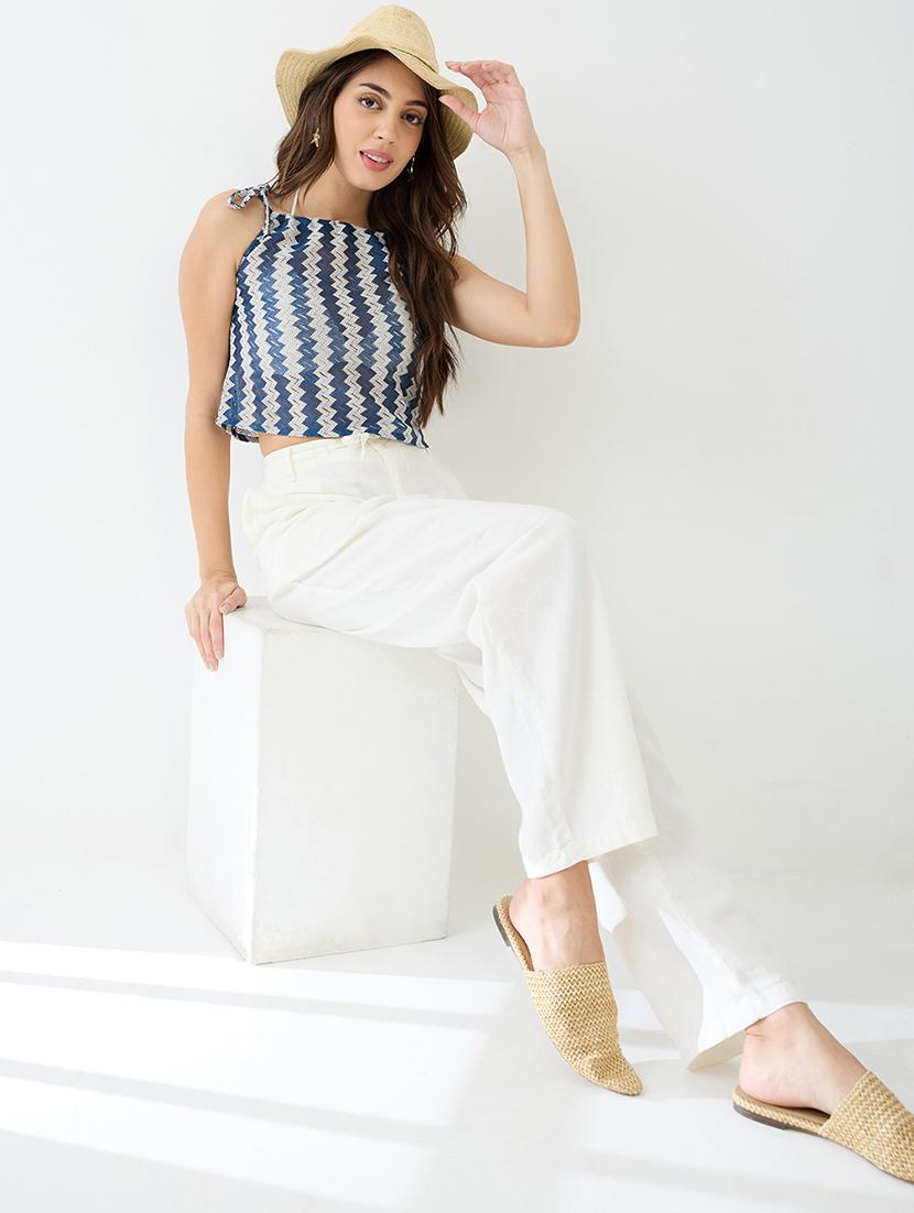 women blue tie-up strappy sleeve chevron pattern crochet crop top - 21918965 - Standard Image - 3