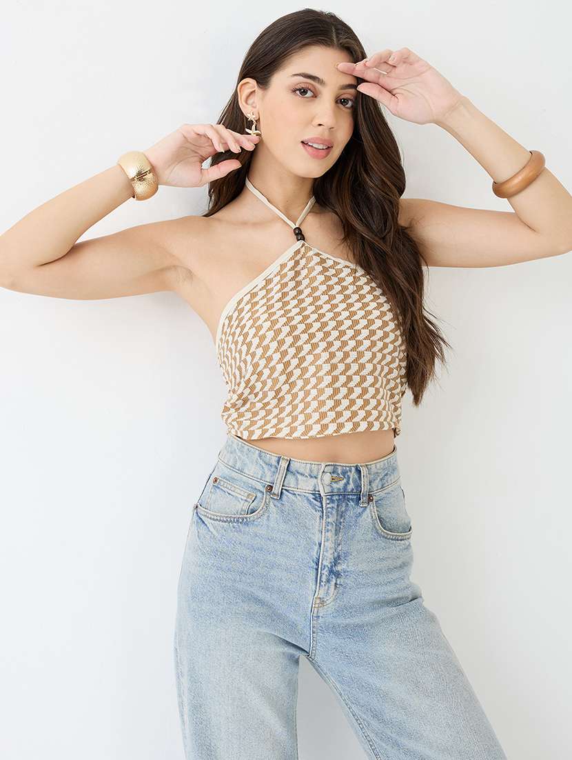 women beige halter neck backless crochet crop top