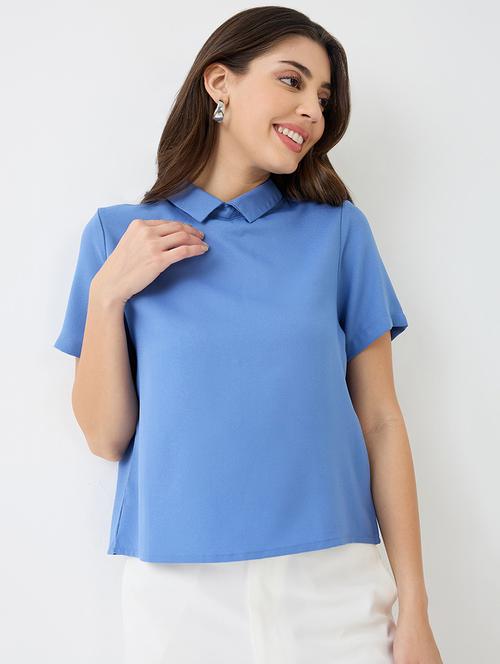 women blue short sleeves collared neck back button shirt style workwear top - 21918968 - Standard Image - 0
