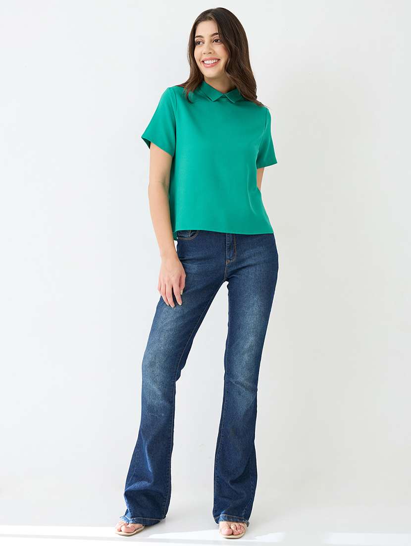 women green short sleeves collared neck back button shirt style workwear top - 21918969 -  Standard Image - 3