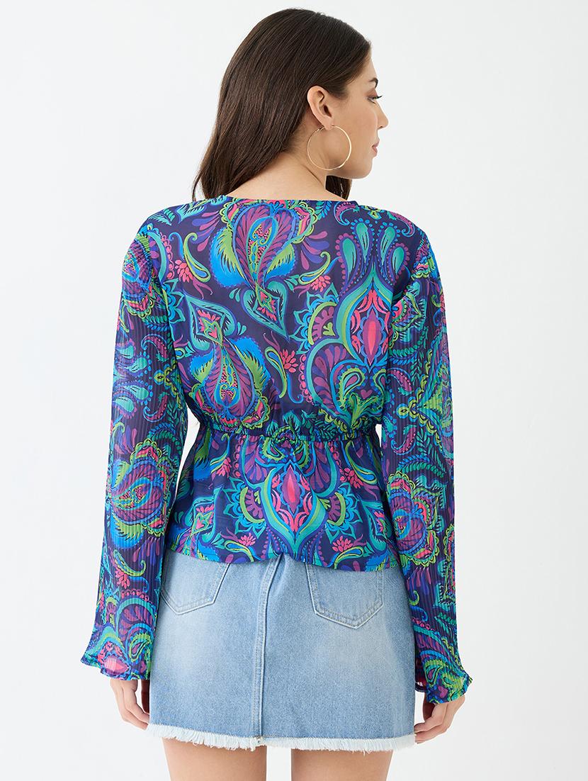 women blue georgette paisley print v-neck wrap waist tie-up flared sleeves peplum top - 21918973 - Standard Image - 3