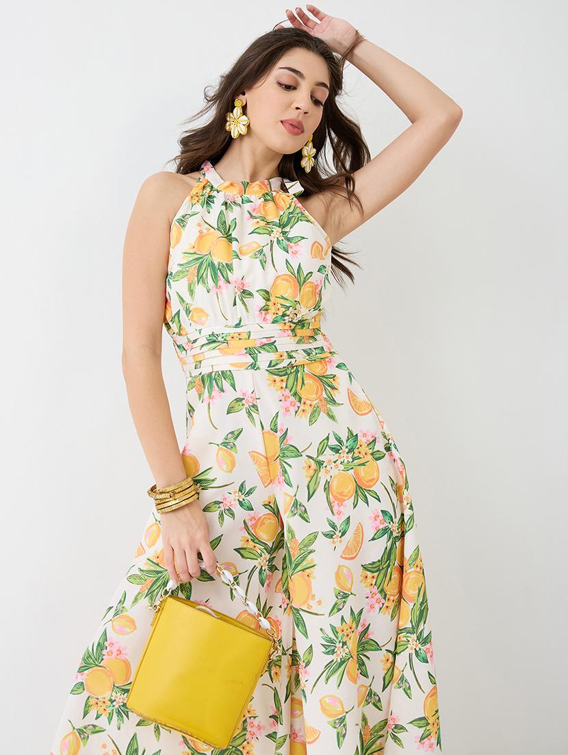 women yellow floral & fruit print halter neck pleated detail flared fusion jumpsuit - 21918981 - Standard Image - 3