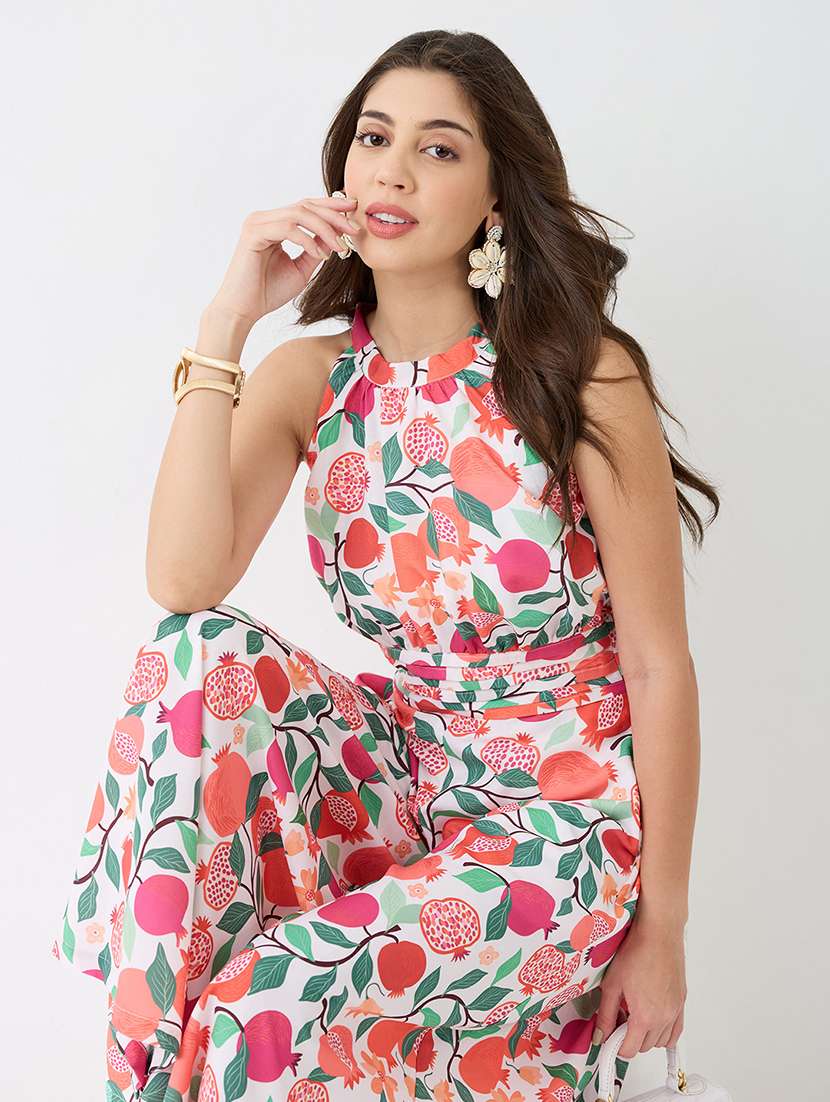 women pink floral & fruit print halter neck pleated detail flared fusion jumpsuit - 21918982 -  Standard Image - 3
