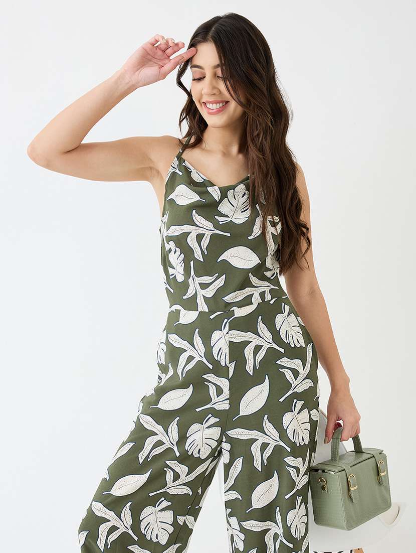 women green tropical printed cowl neck shoulder strap longline party jumpsuit - 21918985 -  Standard Image - 3