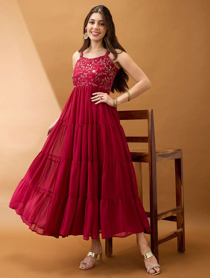 women maroon sweetheart neck strappy shoulder floral embroidered tiered maxi fit & flare festive dress