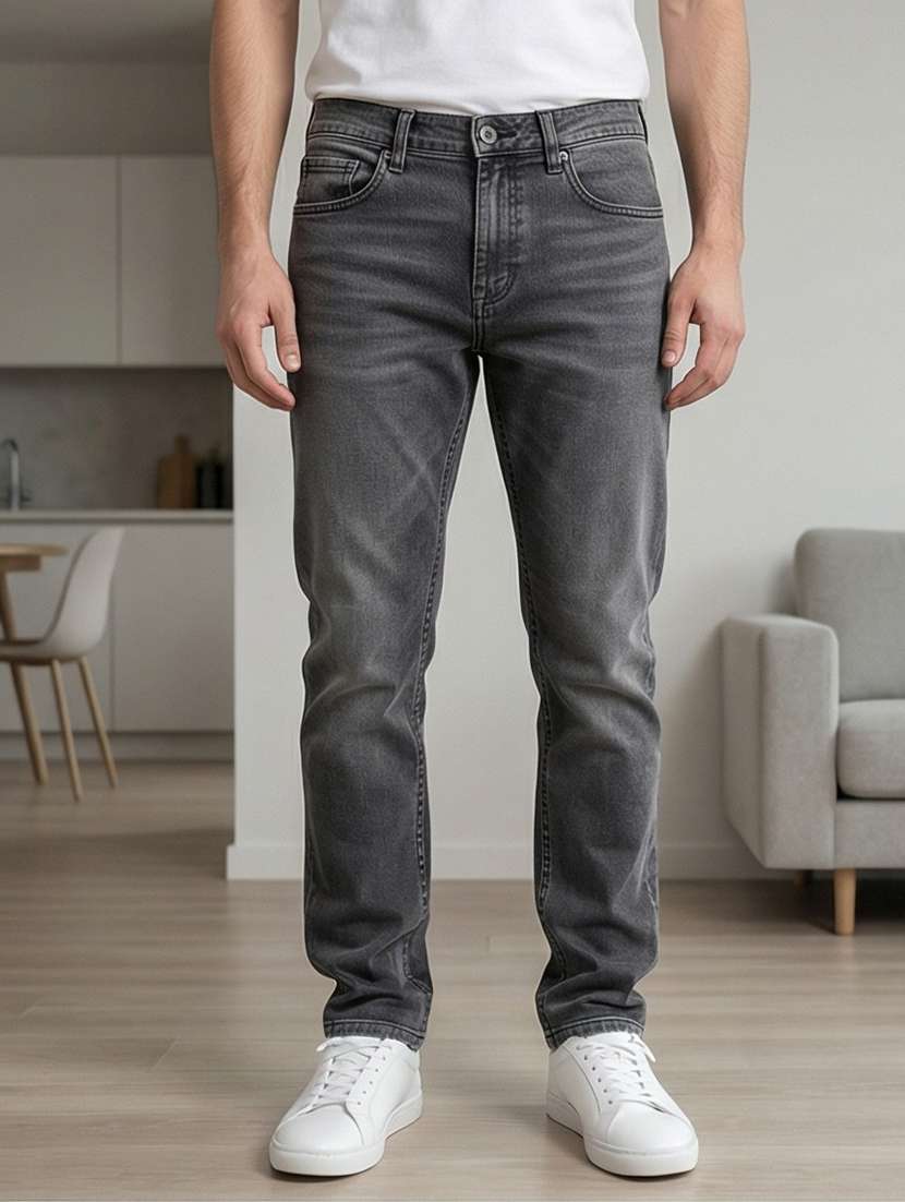 men washed high rise full length tapered jeans