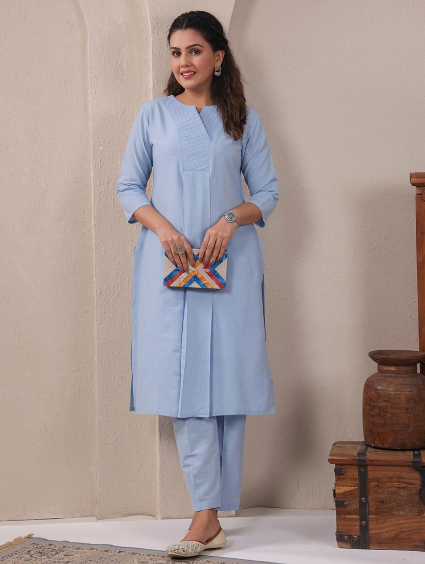 women solid three quarter sleeve kurta pant set - 21919533 - Zoom Image - 0