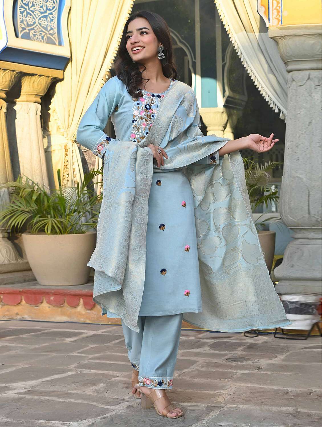 women three quarter sleeve kurta pant with dupatta set - 21919847 -  Zoom Image - 0