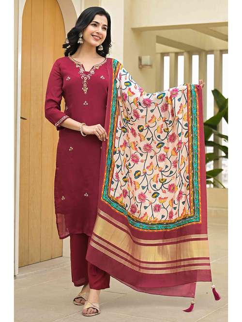 women three quarter sleeve kurta pant with dupatta set - 21919848 -  Standard Image - 0