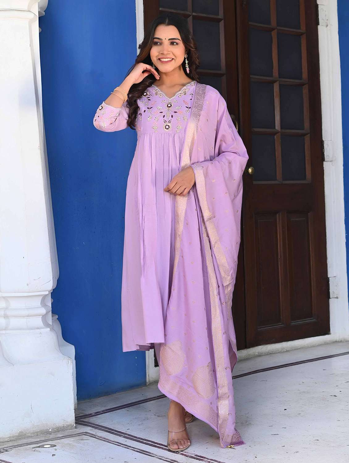 women three quarter sleeve kurta pant with dupatta set