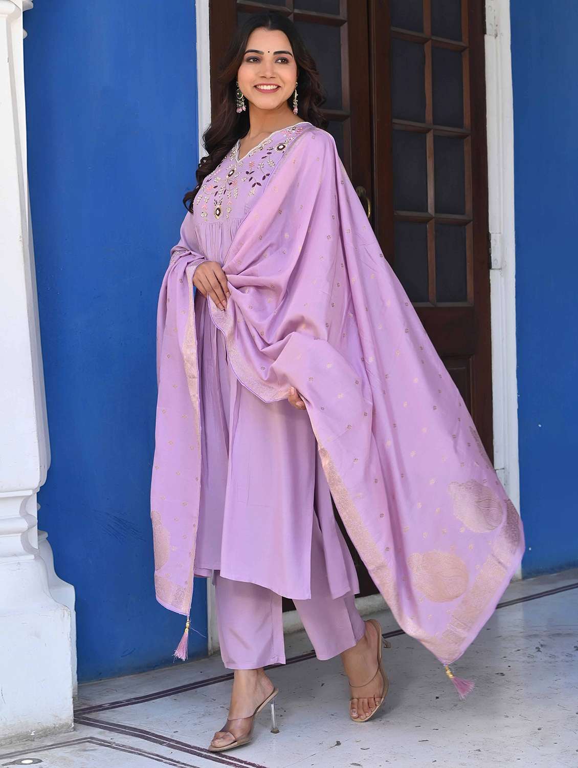 women three quarter sleeve kurta pant with dupatta set - 21919849 - Standard Image - 3