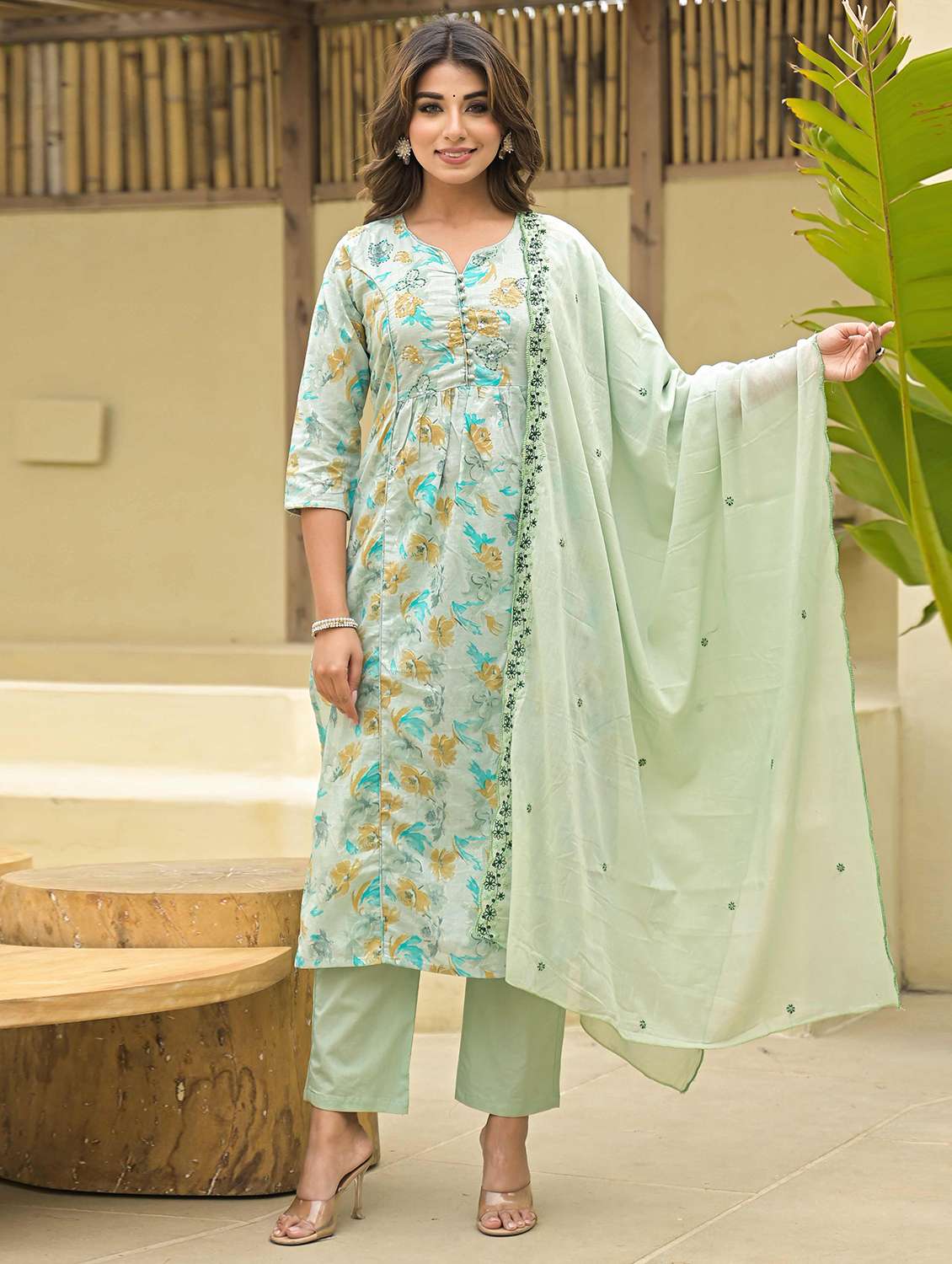 women three quarter sleeve kurta pant with dupatta set - 21919856 -  Zoom Image - 0