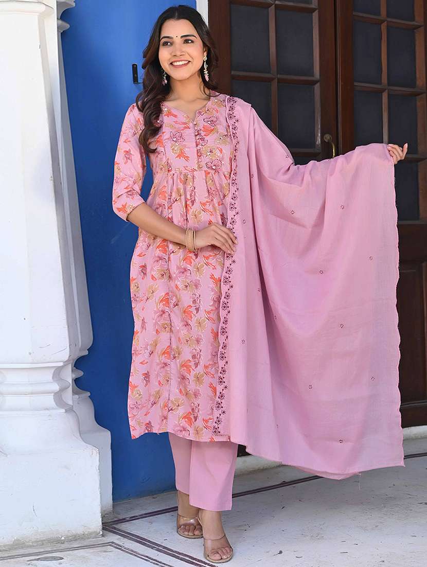women three quarter sleeve kurta pant with dupatta set