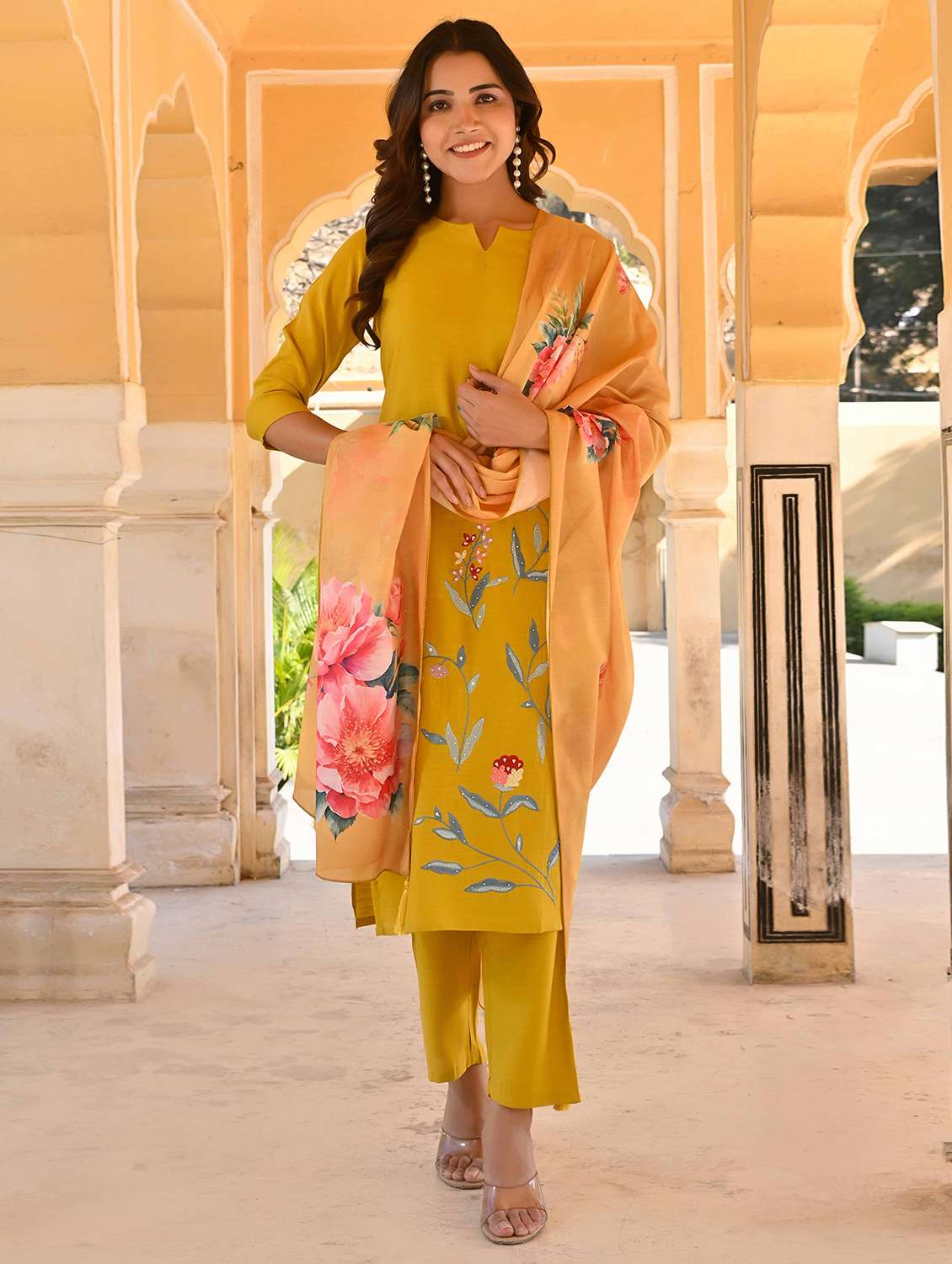 women three quarter sleeve kurta pant with dupatta set