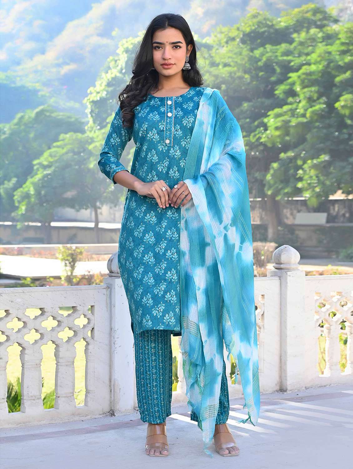 women three quarter sleeve kurta pant with dupatta set