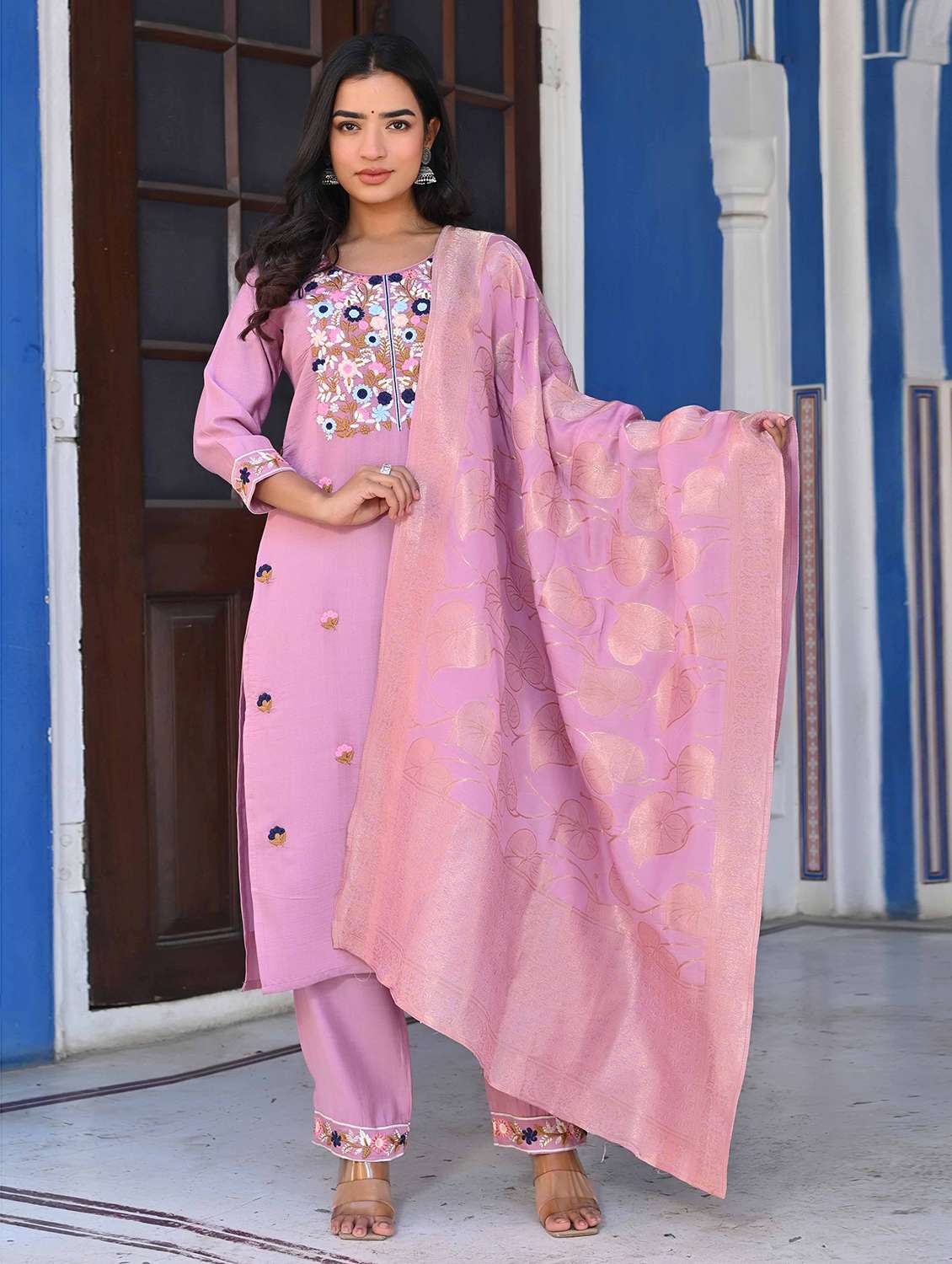 women three quarter sleeve kurta pant with dupatta set